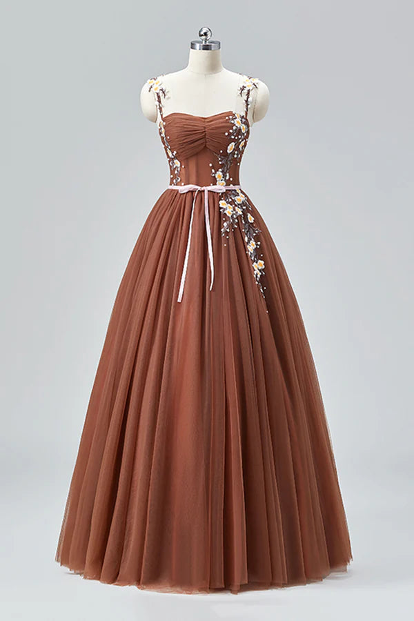Wholesale Brown Tulle Lace Long Prom Dress Beautiful A-Line Spaghetti Strap Evening Party Dress